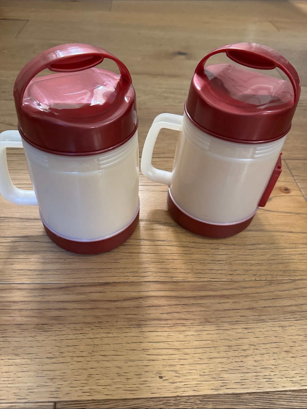 Vintage Insulated White and Red Travel Thermos Mug with Handle